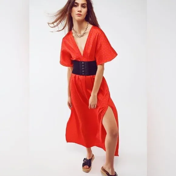 Q2 MAXI CINCHED AT THE WAIST DRESS WITH ANGEL SLEEVES IN RED POLKA size S - Picture 2 of 11